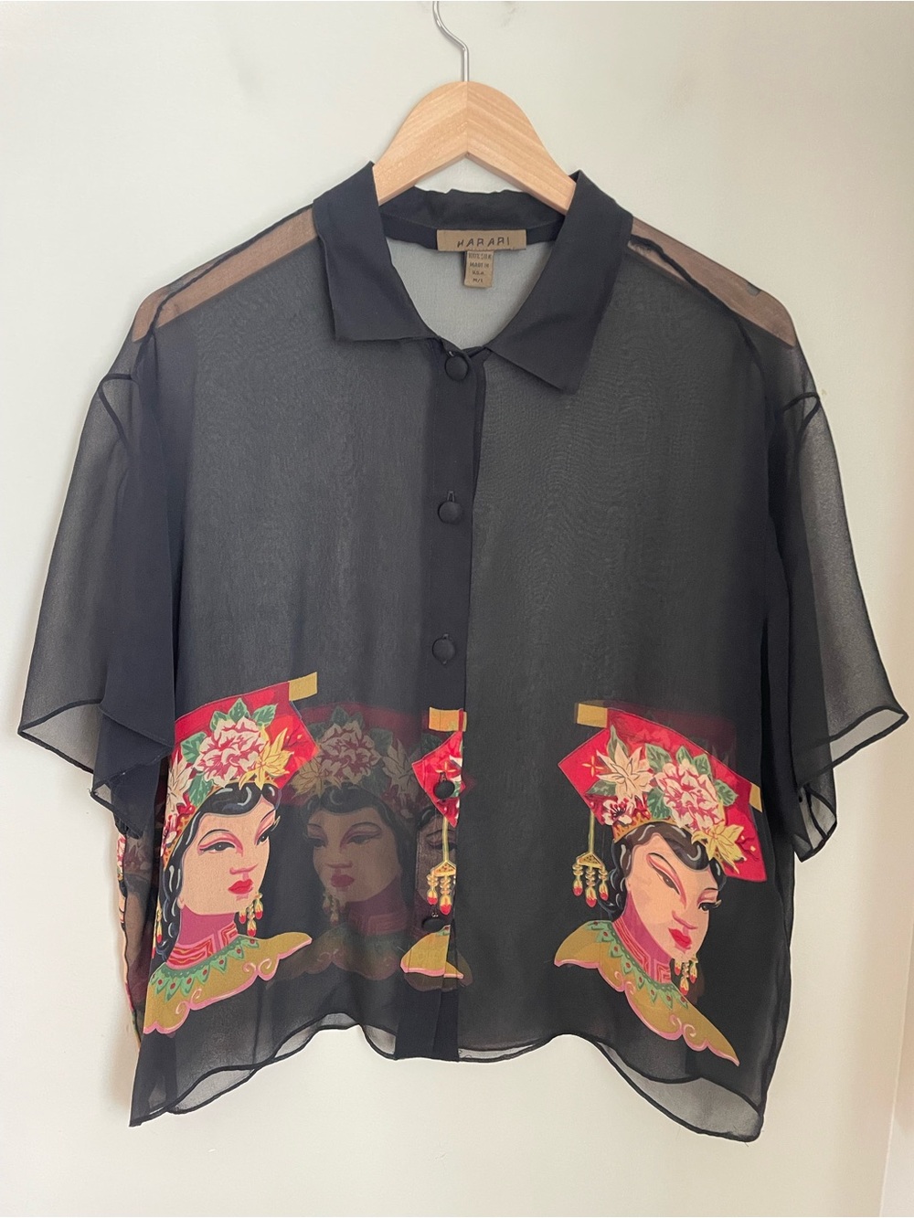 Vintage Harari 100% Silk Art Print Sheer Y2K Button-Down Top Size M L Boho Indie